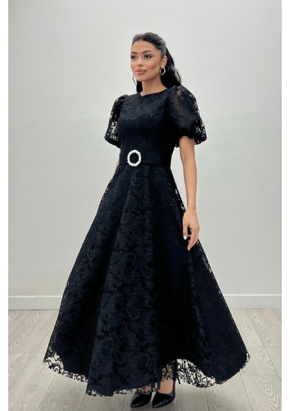 Dantel Kumaş Kolları Balon Kol Maxi Elbise - Siyah fırsatları