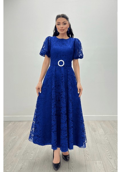 Dantel Kumaş Kolları Balon Kol Maxi Elbise - Saks Mavi modelleri