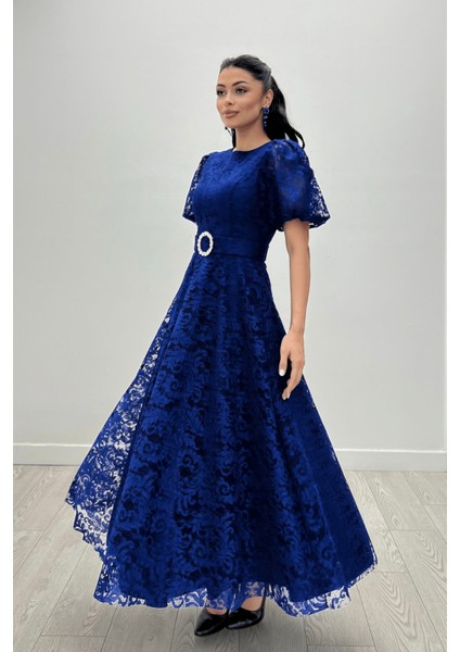 Dantel Kumaş Kolları Balon Kol Maxi Elbise - Saks Mavi fırsatları