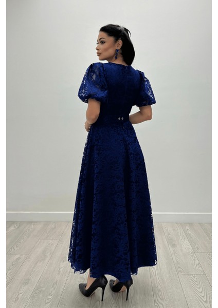 Dantel Kumaş Kolları Balon Kol Maxi Elbise - Saks Mavi indirimleri