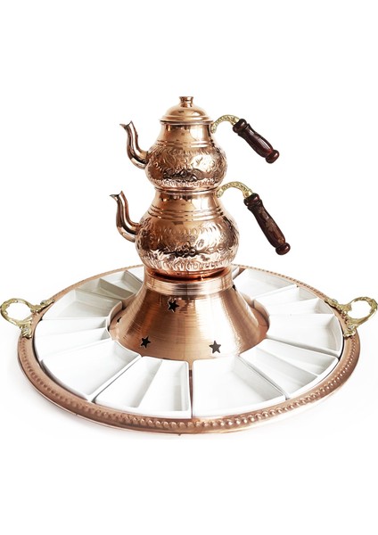 Tepsili Kahvaltı Sunum Seti, El Işleme Klasik Bakır Çaydanlık, 12 Parça Porselen Tabak