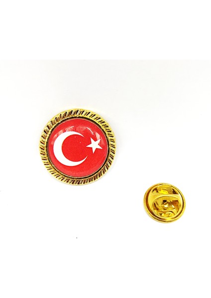 Yuvarlak Gold Renkli Türk Bayraklı Yaka Rozeti - 1 Adet