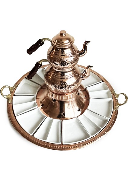 Tepsili Kahvaltı Sunum Seti, El Işleme Klasik Bakır Çaydanlık, 12 Parça Porselen Tabak modelleri