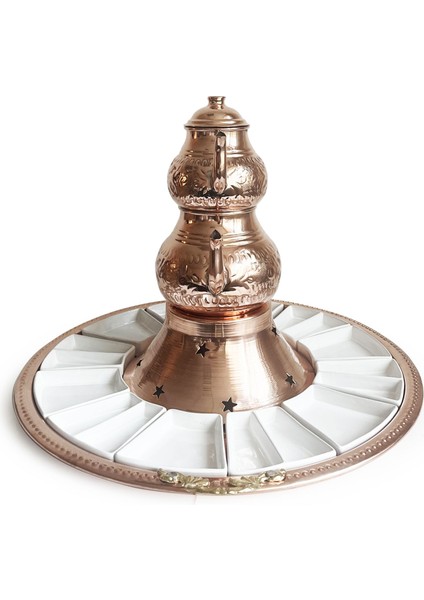 Tepsili Kahvaltı Sunum Seti, El Işleme Klasik Bakır Çaydanlık, 12 Parça Porselen Tabak fırsatları