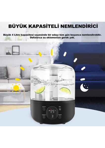 J001 Touch 4 Litre Ultrasonik Hava Nemlendirici Buhar Makinesi Dijital Hava Nemlendirme Cihazı Nem Ölçer Termometre Hava Nemlendirme Makinesi ve Aroma Difüzörü Nem Ölçerli