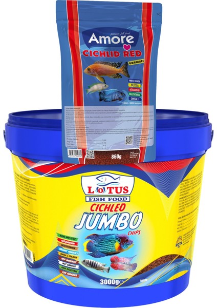 Jumbo Cichlid Chips Kova + Amore Cichlid Red 860 gr Poşet Balık Yemi