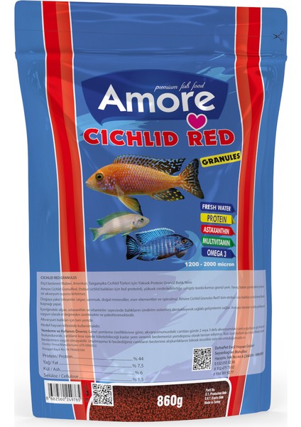 Jumbo Cichlid Chips Kova + Amore Cichlid Red 860 gr Poşet Balık Yemi