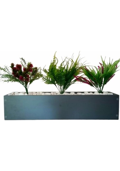 Ahşap Antrasit Gri Saksıda Yapay Bitki Çiçekler 100*25*22 cm Ebat Iç Mekan Saksısı