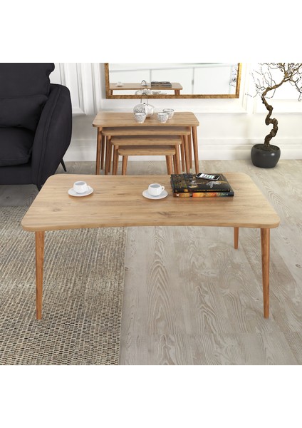 Aleyna 5li Orta Sehpa ve Zigon Sehpa Ahşap Ayaklı Çay Kahve Sehpası Xl Salon Seti – Çam