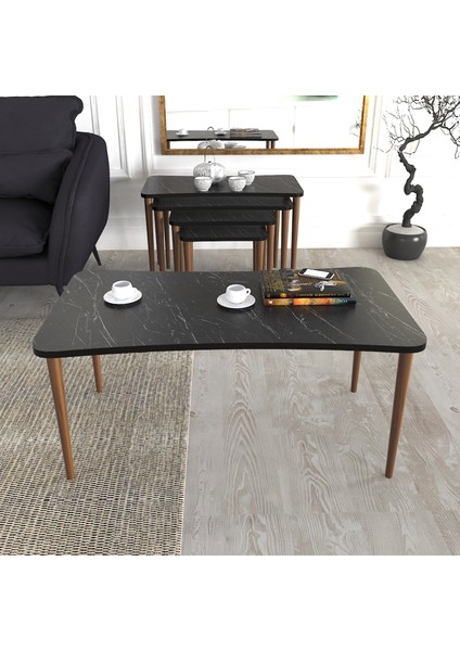 Aleyna Orta Sehpa ve Zigon Sehpa Ahşap Ayaklı Çay Kahve Sehpası Xl 5'li Salon Seti - Siyah Mermer
