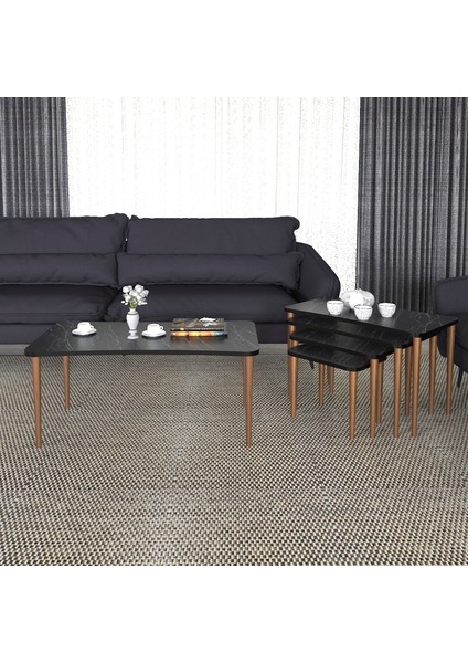 Aleyna Orta Sehpa ve Zigon Sehpa Ahşap Ayaklı Çay Kahve Sehpası Xl 5'li Salon Seti - Siyah Mermer fiyatları