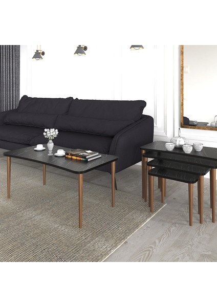 Aleyna Orta Sehpa ve Zigon Sehpa Ahşap Ayaklı Çay Kahve Sehpası Xl 5'li Salon Seti - Siyah Mermer fırsatları