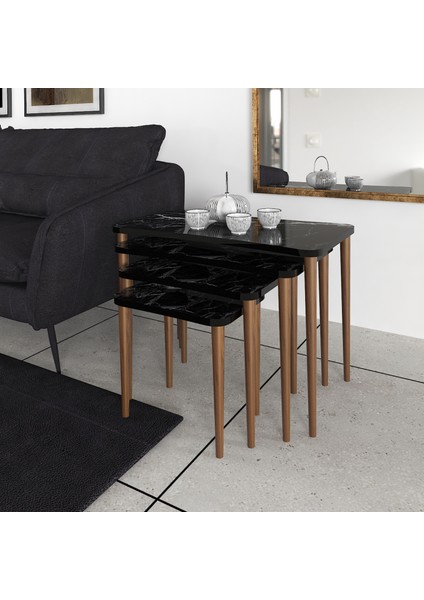 Aleyna Orta Sehpa ve Zigon Sehpa Ahşap Ayaklı Çay Kahve Sehpası Xl 5'li Salon Seti - Siyah Mermer indirimleri