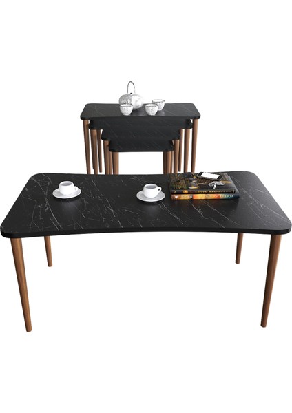 Aleyna Orta Sehpa ve Zigon Sehpa Ahşap Ayaklı Çay Kahve Sehpası Xl 5'li Salon Seti - Siyah Mermer