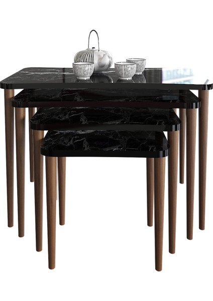 Aleyna Orta Sehpa ve Zigon Sehpa Ahşap Ayaklı Çay Kahve Sehpası Xl 5'li Salon Seti - Siyah Mermer
