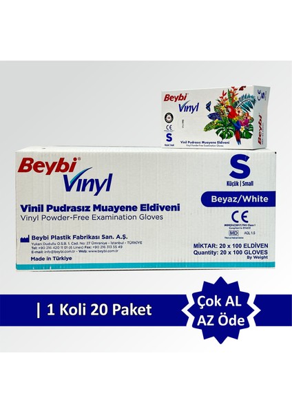 Vinil Pudrasız Muayene Eldiven MDR - S Koli 20 Paket
