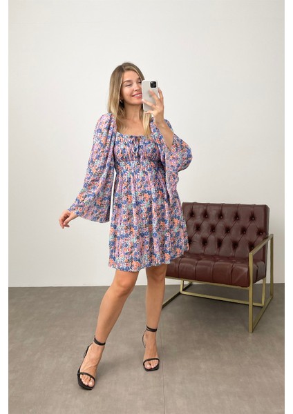 Renkli Çiçekli Geniş Kollu Mini Elbise fiyatları