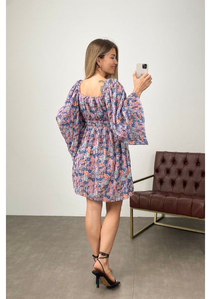 Renkli Çiçekli Geniş Kollu Mini Elbise fırsatları