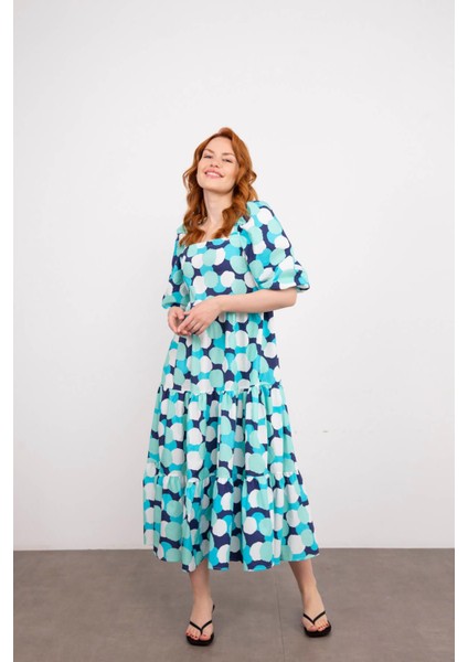 Turkuaz Balon Kol Fırfırlı Poplin Elbise