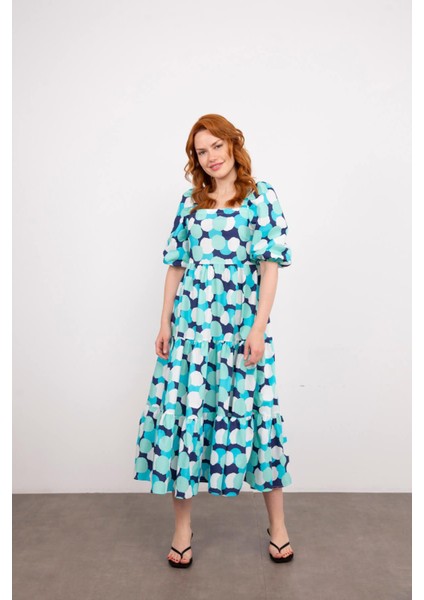 Turkuaz Balon Kol Fırfırlı Poplin Elbise fiyatları