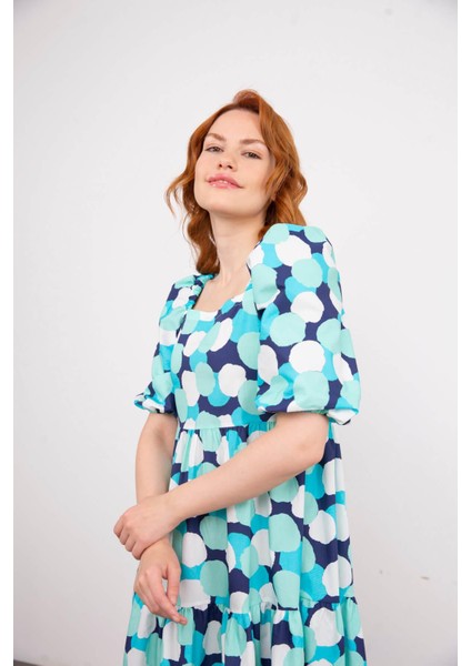 Turkuaz Balon Kol Fırfırlı Poplin Elbise modelleri