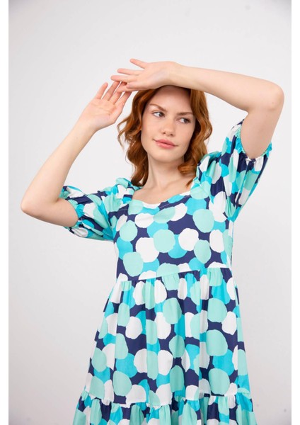 Turkuaz Balon Kol Fırfırlı Poplin Elbise fırsatları