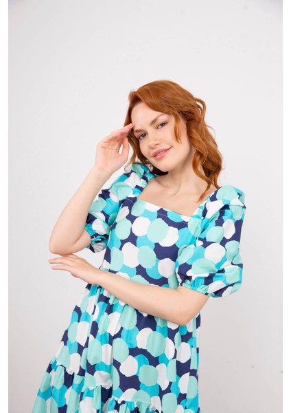 Turkuaz Balon Kol Fırfırlı Poplin Elbise indirimleri