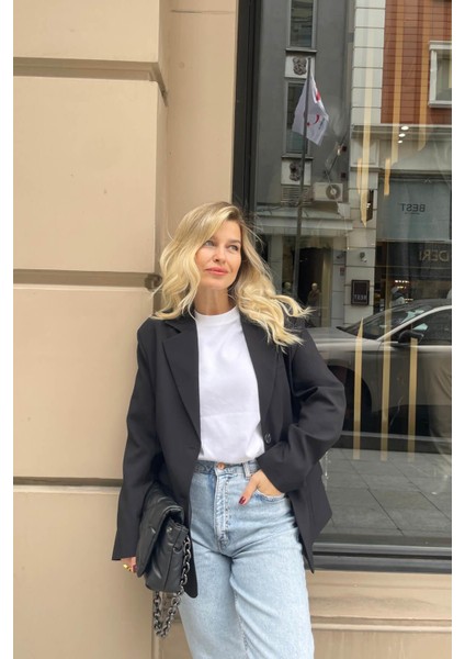 Siyah Kruvaze Yaka Astarlı Vatkalı Blazer Ceket modelleri