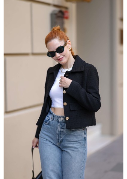 Siyah Vatkalı Düğmeli Astarlı Tüvit Blazer Ceket
