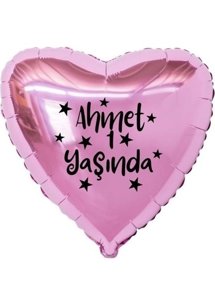 18 Inç Pembe Renk Kişiye Özel Yaşında Yazılı Yıldız Figürlü Kalp Folyo Balon