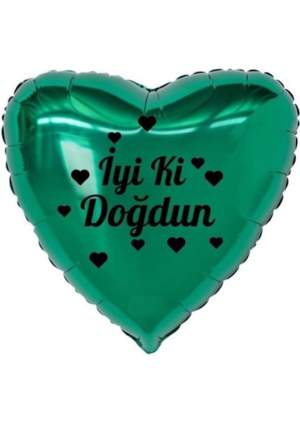 18 Inç Yeşil Renk Kalp Figürlü Iyi Ki Doğdun Temalı Kalp Folyo Balon