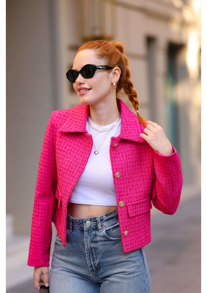 Fuşya Vatkalı Düğmeli Astarlı Tüvit Blazer Ceket