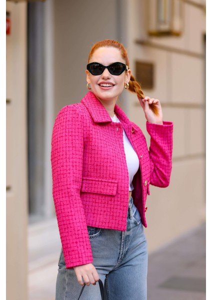 Fuşya Vatkalı Düğmeli Astarlı Tüvit Blazer Ceket