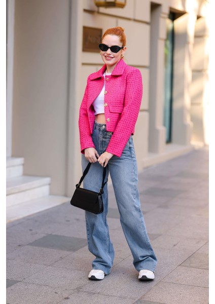 Fuşya Vatkalı Düğmeli Astarlı Tüvit Blazer Ceket