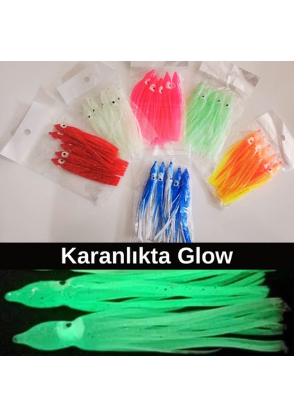 Silikon Ahtapot Fosforlu Glow Beyaz Yapay Yem Olta Takımı, Çapari, Jig Yapım Malzemesi 9 cm 5 Adet