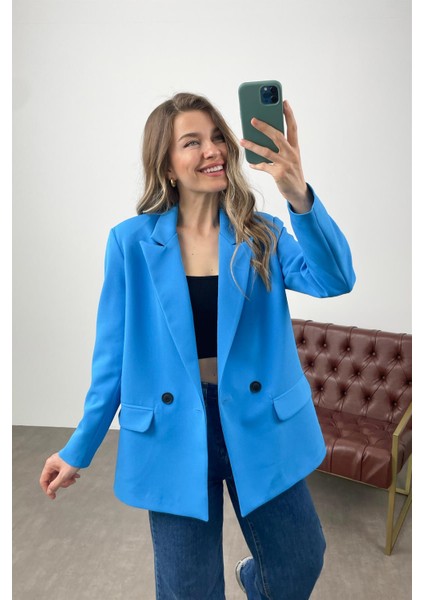 Mavi Oversize Çift Düğmeli Blazer Ceket fiyatları