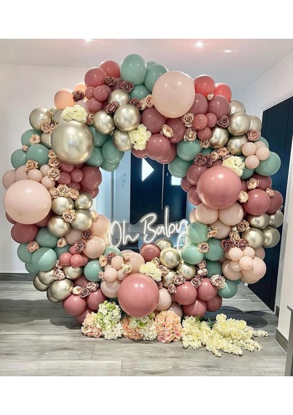 Krom White Gold Pastel Rosewood Pink Blush ve Kış Yeşili Balon Zinciri 100 Adet