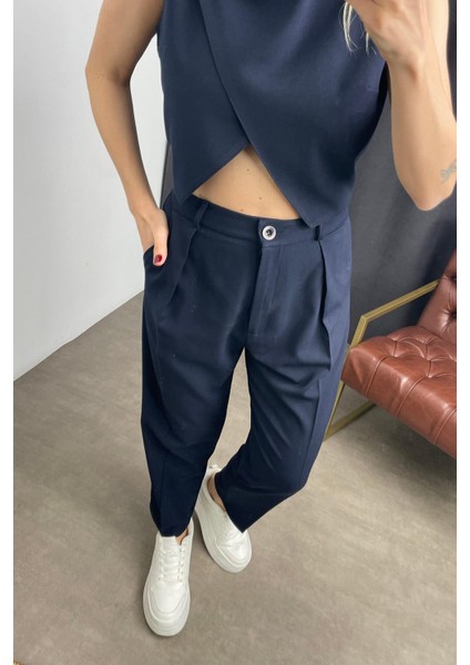 Lacivert Düğmeli Asimetrik Kesim Yelek Pantolon Takım modelleri