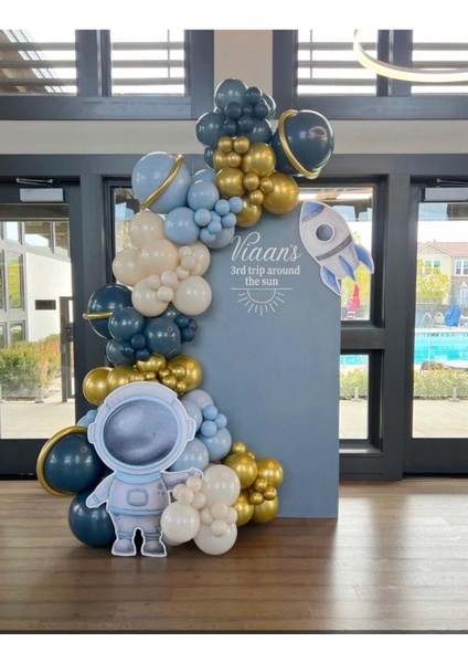 Krom Gold Gece Mavisi Macaron Mavi ve Retro Beyaz Balon Zinciri 100 Adet