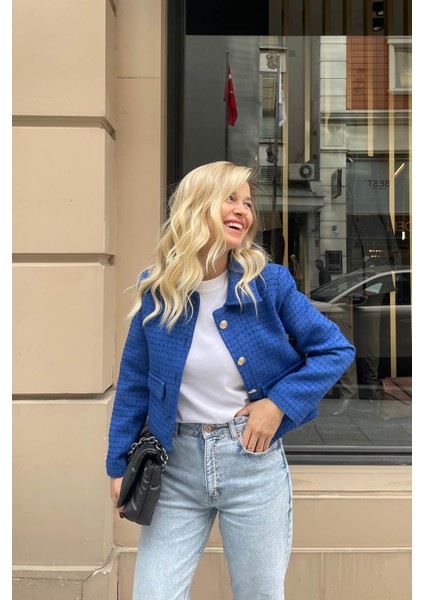 Mavi Vatkalı Düğmeli Tüvit Blazer Ceket