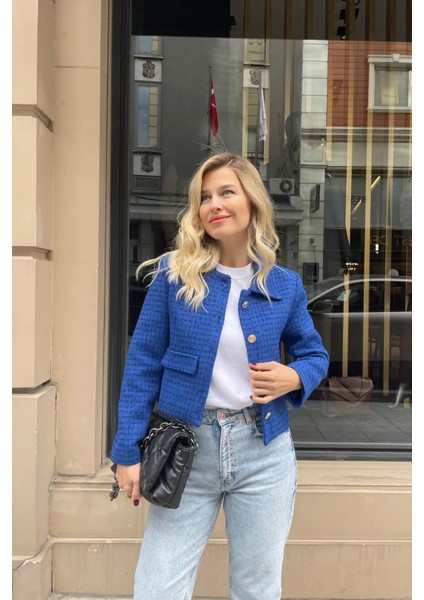 Mavi Vatkalı Düğmeli Tüvit Blazer Ceket modelleri