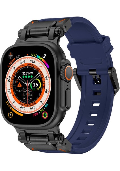 Watch Ultra 49MM Uyumlu KRD-101 Titanyum Metal Başlıklı Silikon Kordon-Siyah-Mavi