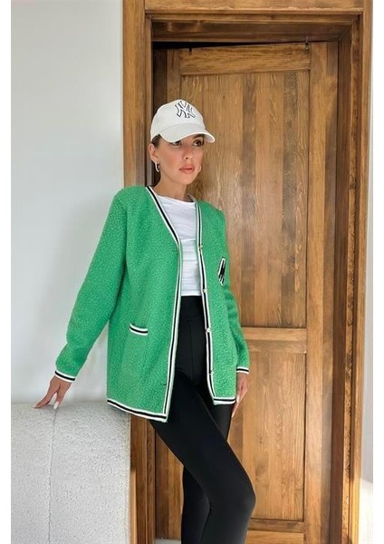 Elbee Fashion Woman Şeritli Bukle Hırka - Yeşil