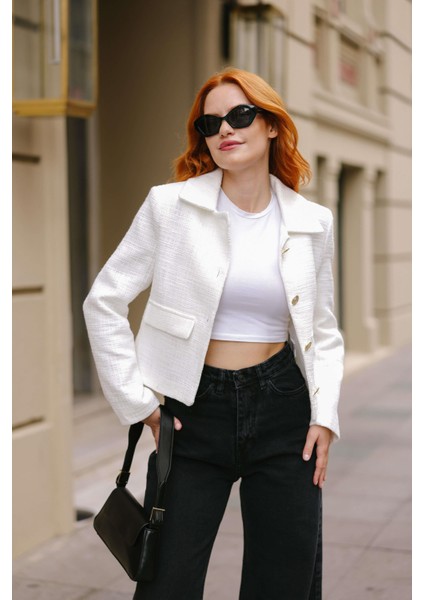 Ekru Vatkalı Düğmeli Astarlı Tüvit Blazer Ceket