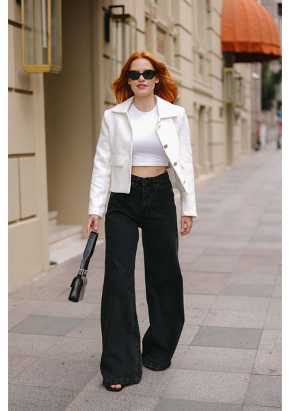 Ekru Vatkalı Düğmeli Astarlı Tüvit Blazer Ceket