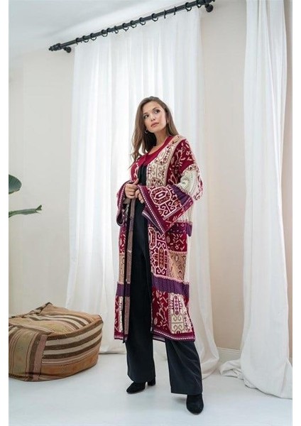 Elbee Fashion Woman Etnik Desenli Hırka - Kırmızı