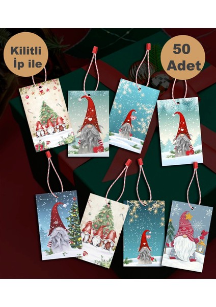 Yılbaşı Temalı Klipsli Ipli Sallanan Etiket (5x8 cm 50 Adet Etiket ve Ip)