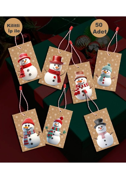 Yılbaşı Temalı Klipsli Ipli Sallanan Etiket (5x8 cm 50 Adet Etiket ve Ip)