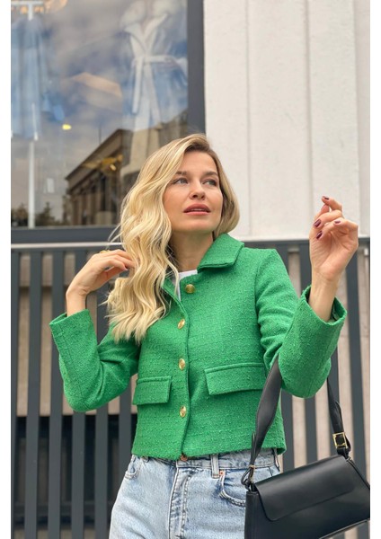 Yeşil Vatkalı Düğmeli Tüvit Blazer Ceket