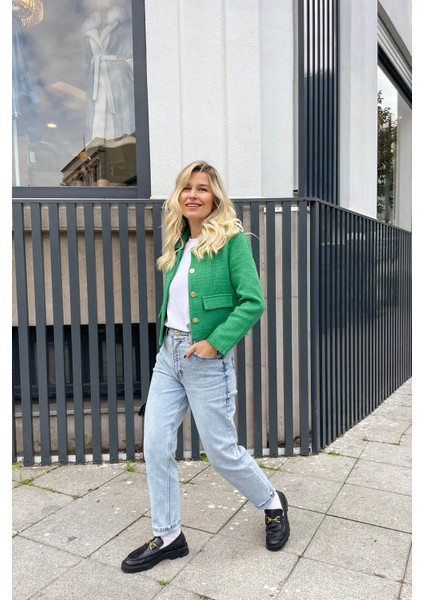 Yeşil Vatkalı Düğmeli Tüvit Blazer Ceket modelleri